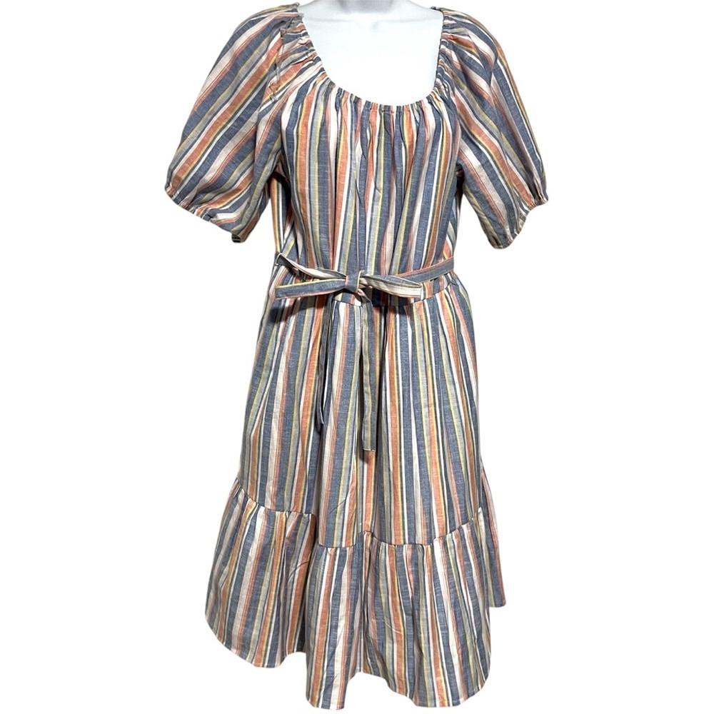 Striped Puff Sleeve Belted Midi Dress Multicolor Size Large Sundress Summer boho